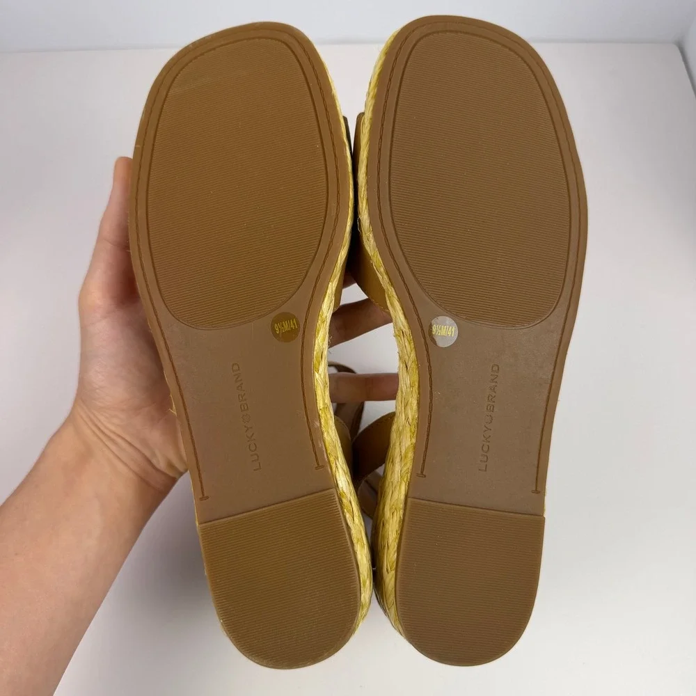 Lucky Brand Boho Minimalist Womens Espadrille Wedge Sandals Tan Leather